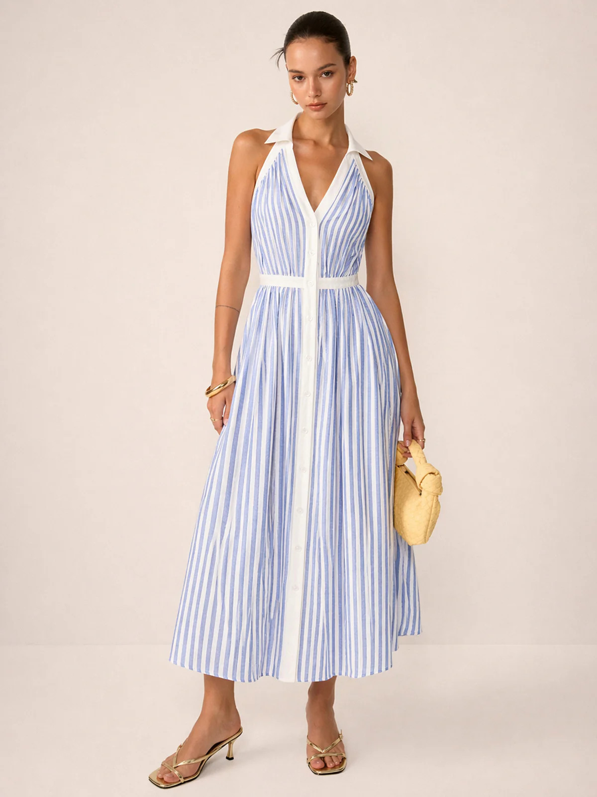 Striped Cotton Blend Collared Halter Midi Dress | Commense