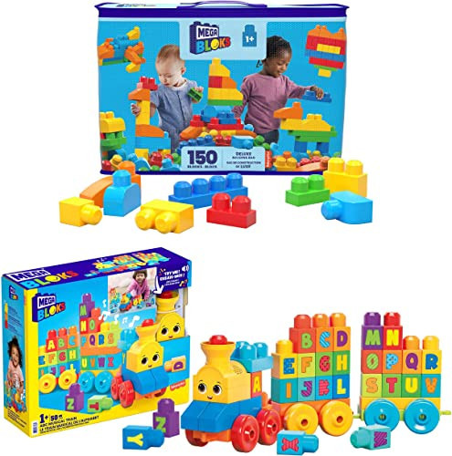 Mega BLOKS First Builders Deluxe Building Bag + ABC Musical Train, Building Set Bundle, Blue Bag, 200 Pieces | Amazon (US)