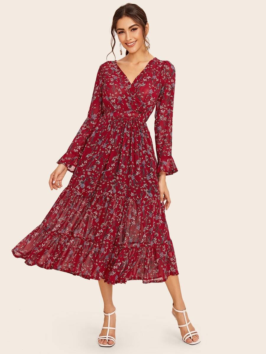 Bordeaux Rüschensaum Blümchen Casual  Kleider | SHEIN