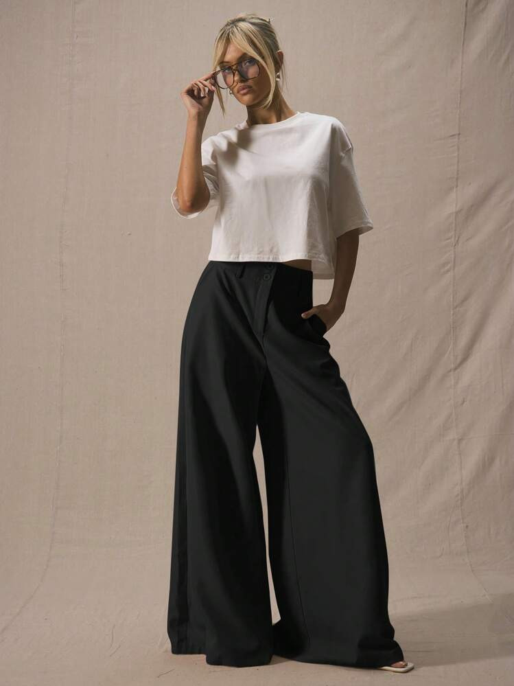 MUSERA Tailored Extreme Wide Leg Trousers Deep Waistband Elegant Professional Business Casual Vacation Fall Winter Autumn Work Office Old Money Date Night Going Out Back To School Wedding Guest Suit Tailored Cute Brunch Spring Vacation Solid Colour | SHEIN
