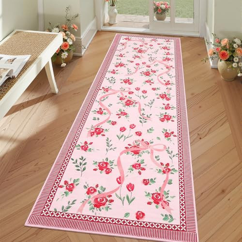 GarveeHome Valentine Runners for Hallways Non Slip, 2x6 Kitchen Runner Rug Red Bow Rugs for Bedroom Girls, Low Pile Soft Washable Runner Floral Red Area Rug for Nursery Entryway Dorm Christmas Decor | Amazon (US)