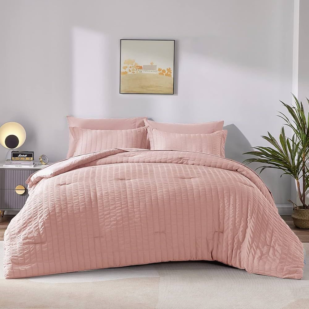 CozyLux Full/Queen Seersucker Comforter Set with Sheets Pink Bed in a Bag 7-Pieces All Season Bed... | Amazon (US)