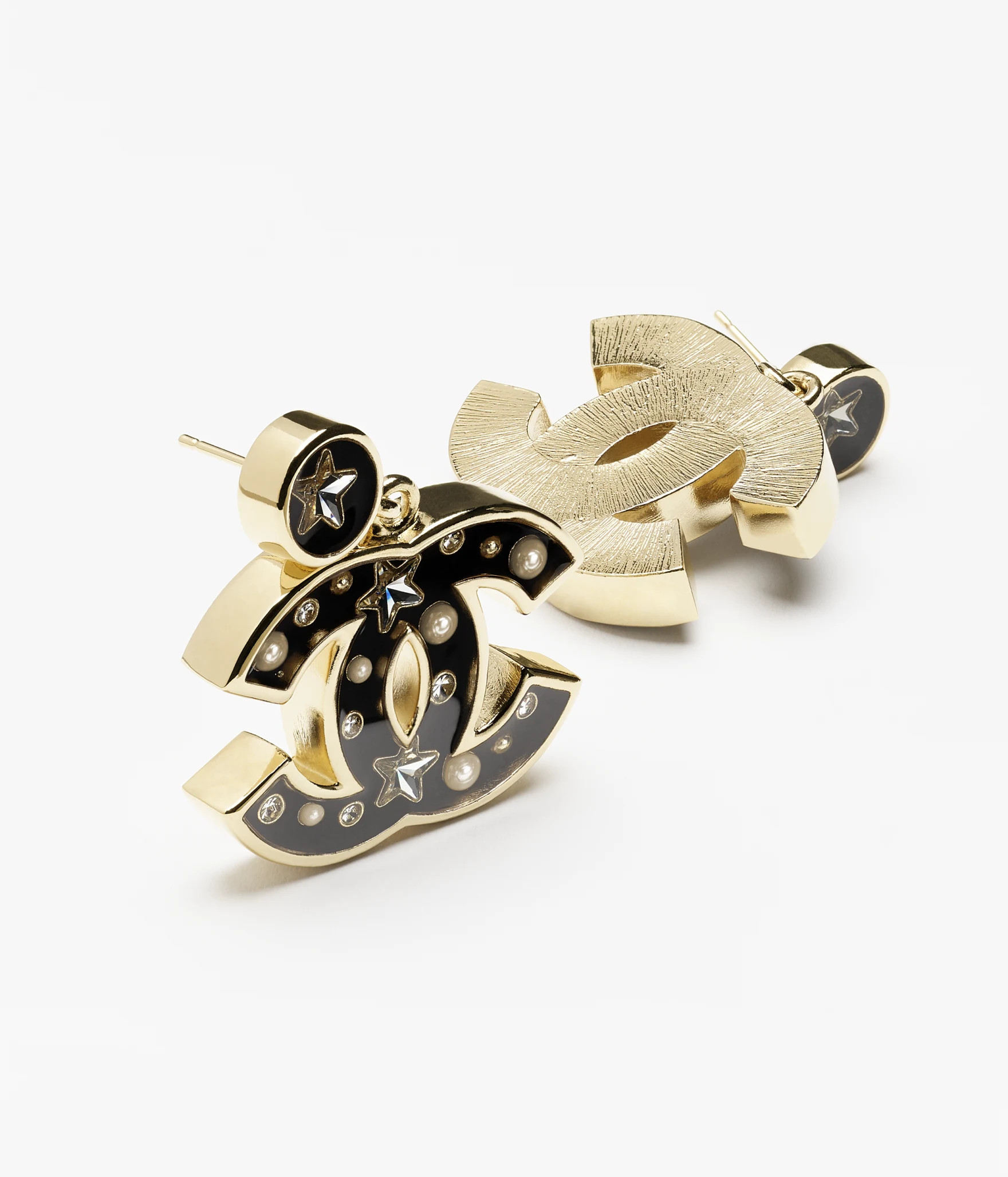 Pendant earrings - Metal, resin, glass pearls & strass, gold, black, pearly white & crystal — F... | Chanel, Inc. (US)