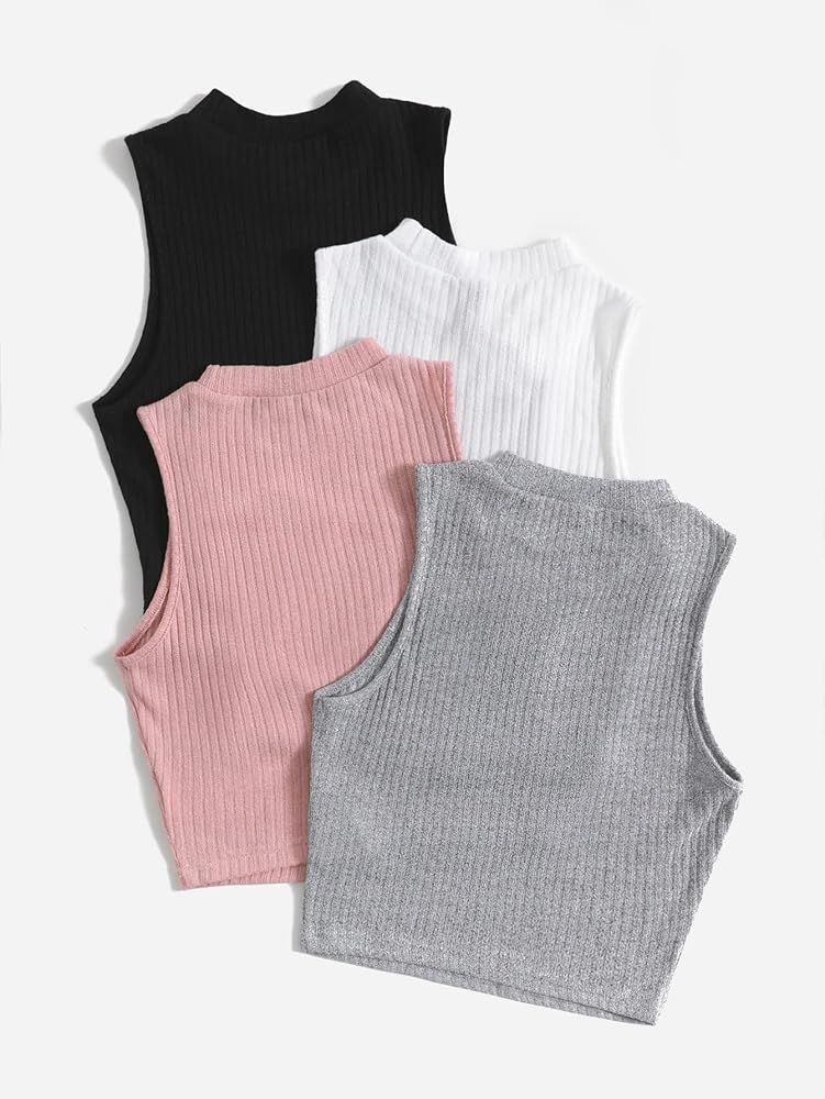 Women's 4 Piece Mock Neck Crop Top Basic Sleeveless Ribbed Knit Cami Crop Tank Tops | Amazon (US)