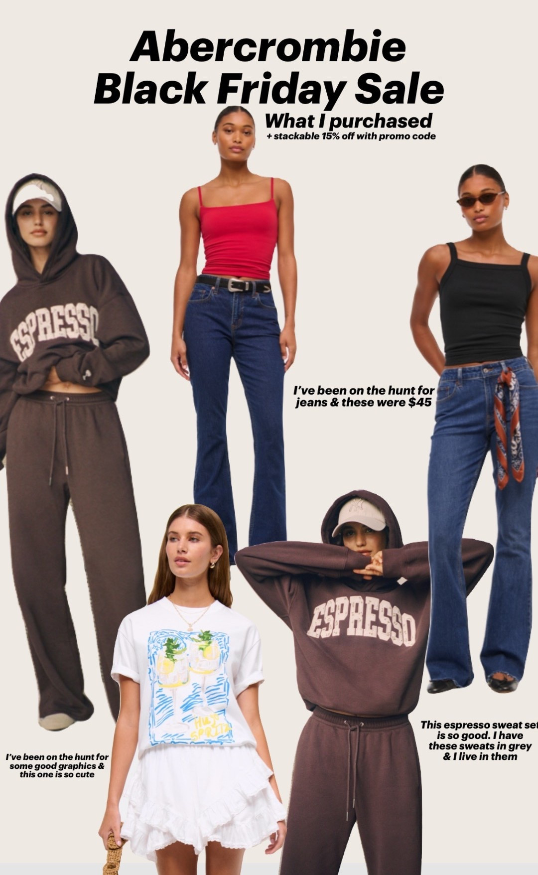 Abercrombie’s Black Friday Sale is LIVE! Stackable 15% off code. I bought all of this for $179! 

Abercrombie Jeans | Curve Love | Boot Cut Jean | Sweat Set | Graphic Tee | Lounge Set

#LTKHoliday #LTKCyberWeek #LTKTall