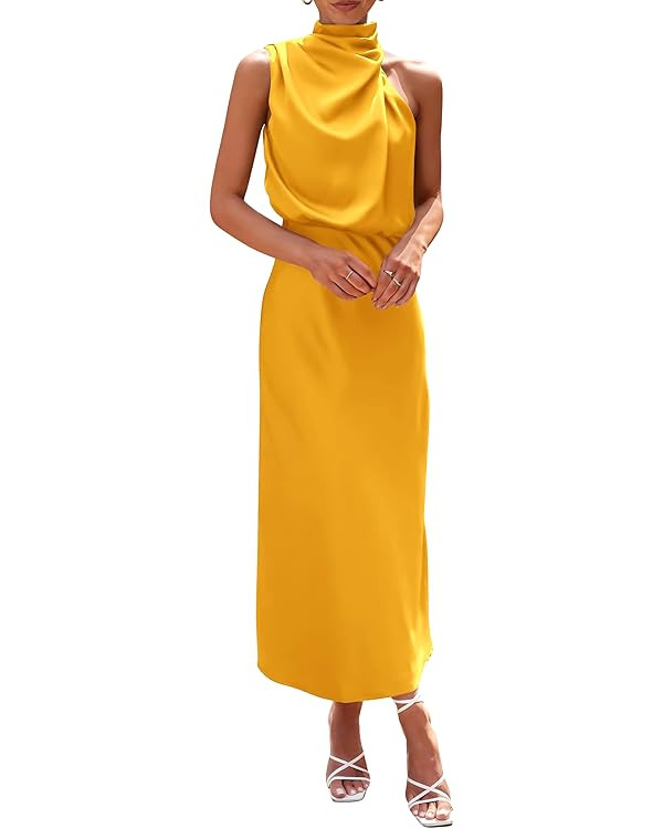 PRETTYGARDEN 2025 Women Summer Satin Dress Elegant Sleeveless Mock Neck Cocktail Party Maxi Dress... | Amazon (US)