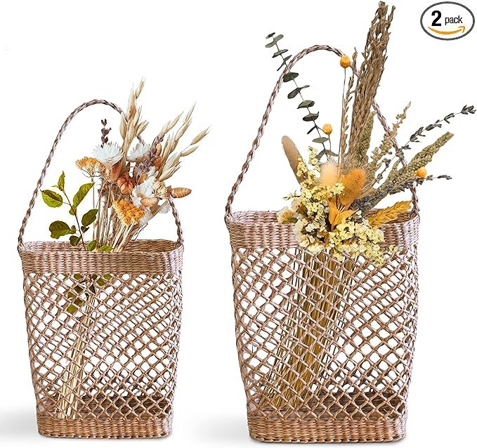 TAGREE Handcrafted Wall Hanging Baskets (Set of 2) Decorative Seagrass Front Door Basket for Flow... | Amazon (US)