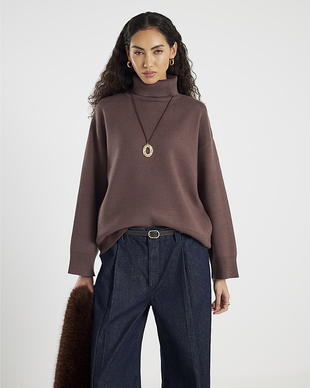 Brown Knit Roll Neck Jumper | River Island UK & IE