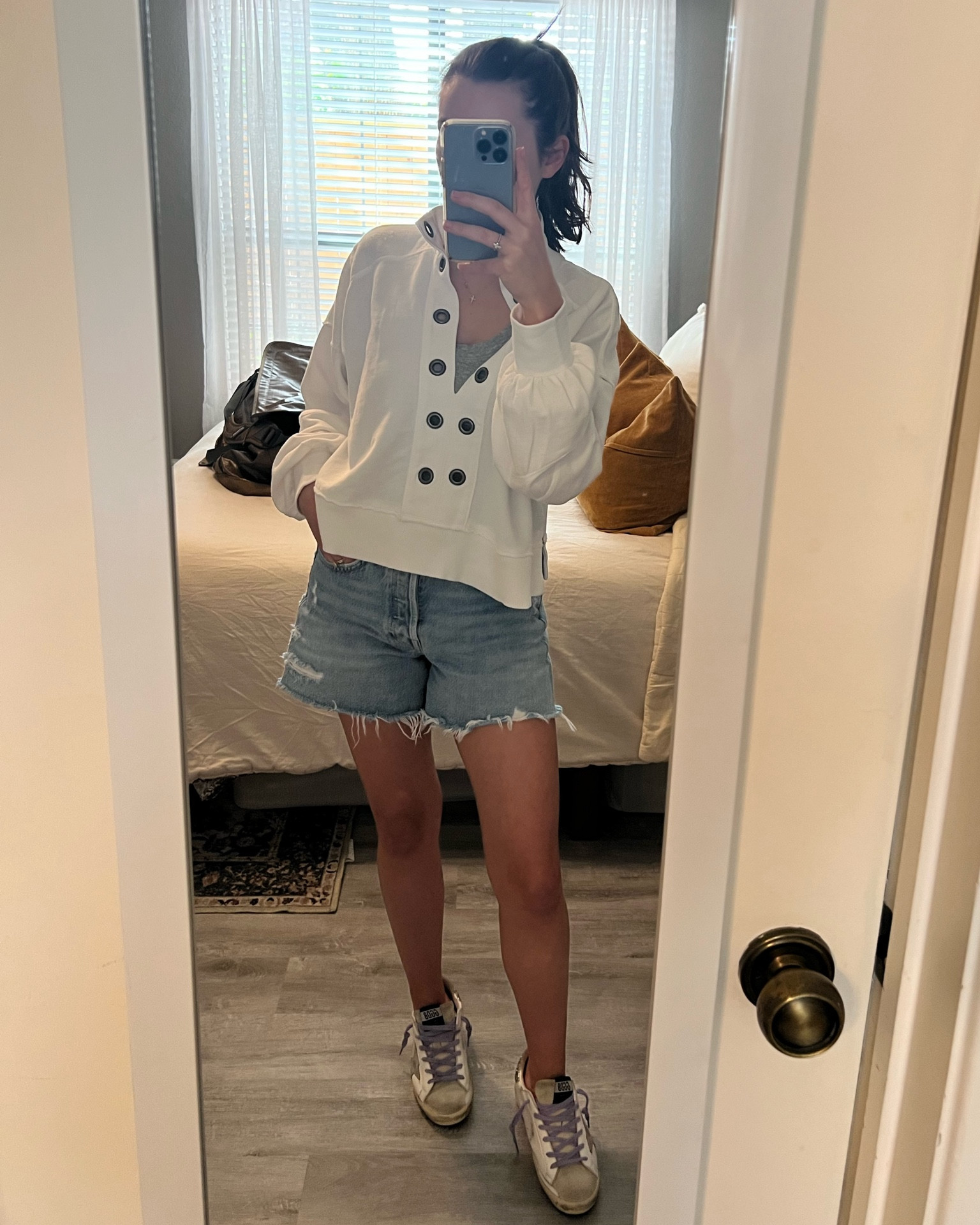 Transition into spring pullover from Anthro 💗 also fav Agolde shorts for spring/summer 
Size XS in pullover and 24 in shorts 
Size down one full size in shorts 

#LTKstyletip #LTKover40