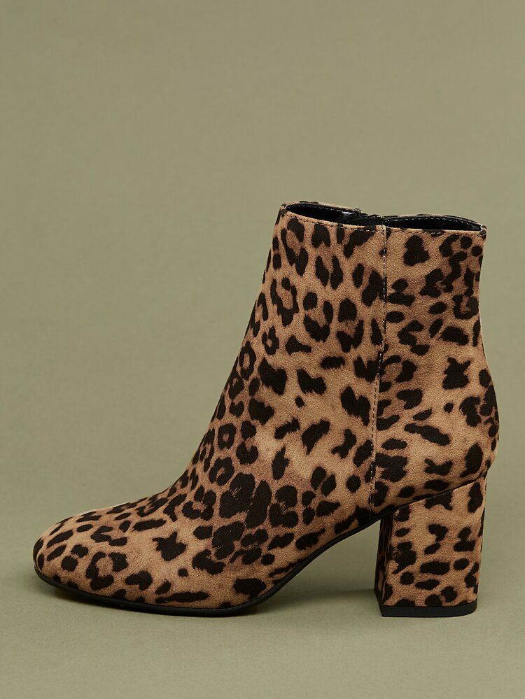Round Toe Chunky Heel Cheetah Print Booties | SHEIN