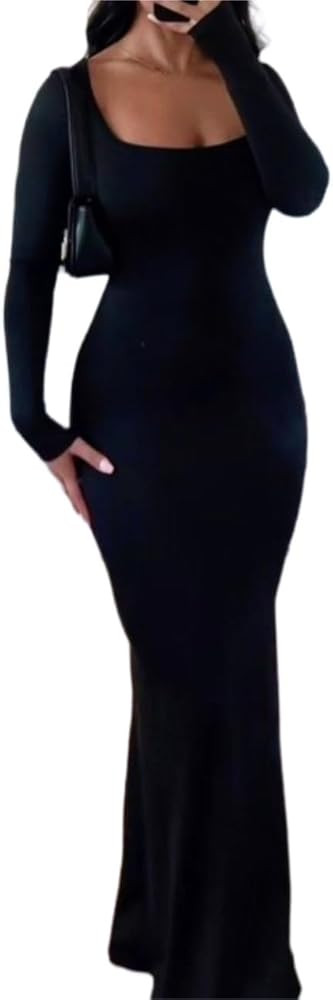 AYWA Women's Long Sleeve Square Neck Maxi Dress Ribbed Knitted Soft Lounge Bodycon Dress | Amazon (US)