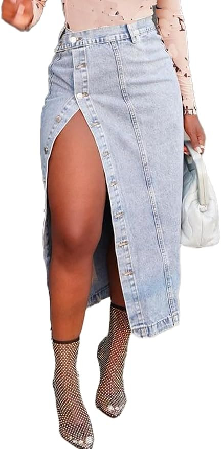 Women's Button Down Denim Skirt Casual High Waisted Long Jean Skirts High Split Pencil Skirt Y2K ... | Amazon (US)