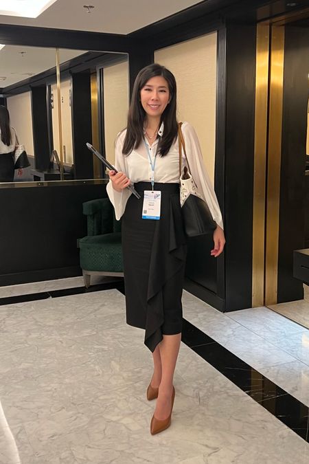 Rewore this sheer pleated sleeve collar button down with my ruffle pencil skirt for the conference! I kept with my bags color scheme and paired my look with cognac colored heels!

#LTKstyletip #LTKunder100 #LTKworkwear