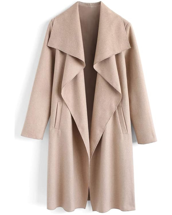 CHICWISH Women's Wide Lapel Open Front Long Sleeve Sand/Wine/Black/Grey Wool Blend Trench Coat | Amazon (US)