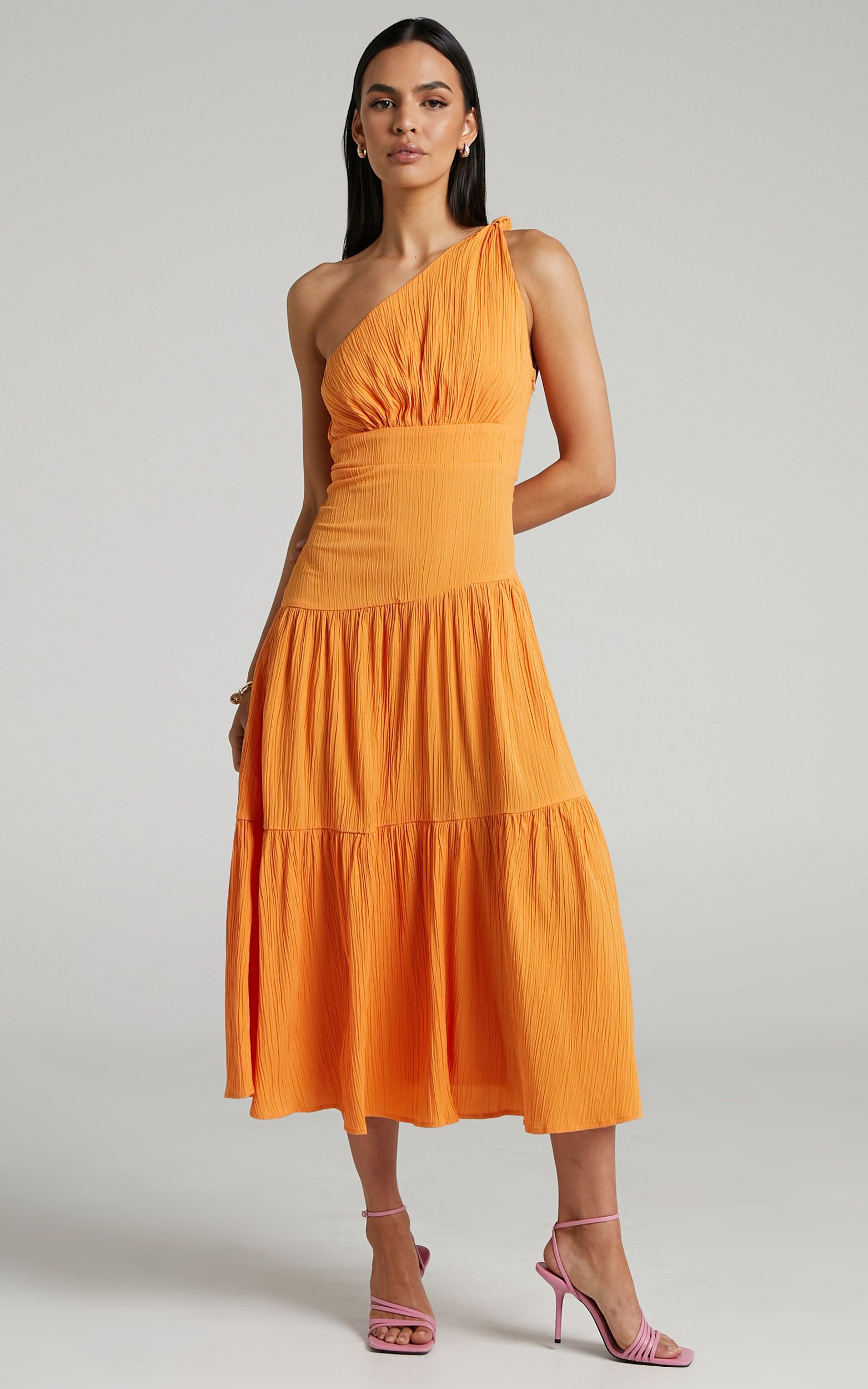 Celestia Midi Dress - Tiered One Shoulder Dress in Mango | Showpo (US, UK & Europe)