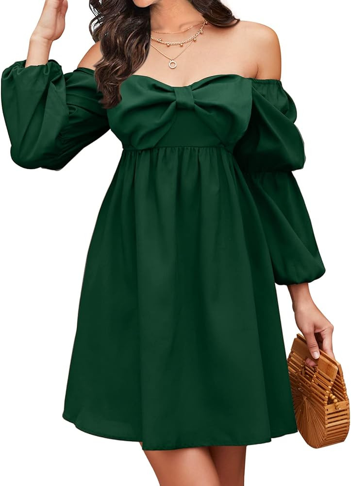 EXLURA Womens Summer Casual Wedding Guest Dress Square Bow Neck Long Puff Sleeve Dress Empire Wai... | Amazon (US)