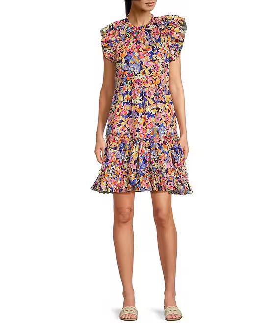 Ursula Bouquet Print Round Ruffle Neck Cap Sleeve Tiered Skirt A-Line Dress | Dillard's