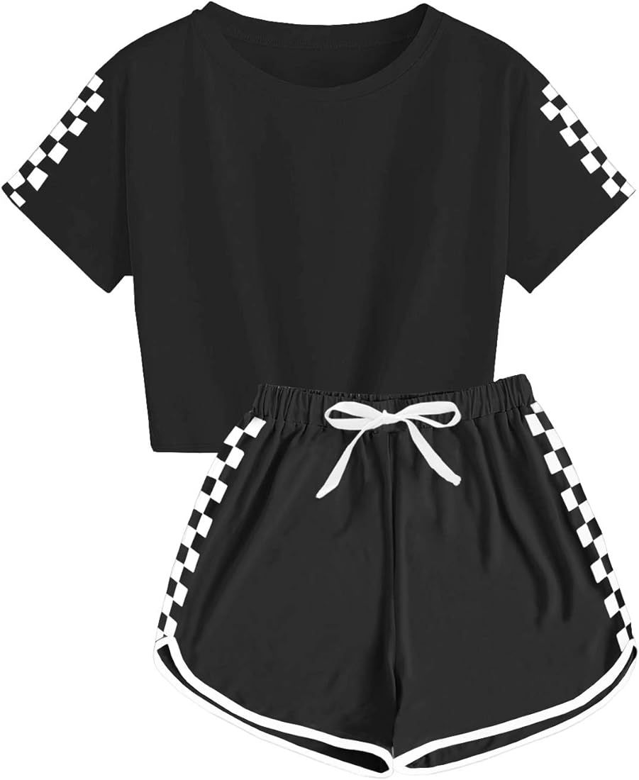 CNJFJ Kids Summer Sport T-Shirt and Shorts Set Plaid Print Clothing Sets Tracksuit | Amazon (US)