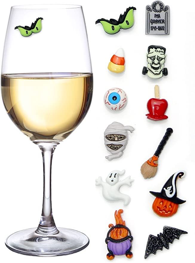 Halloween Wine Charms Set of 12 Magnetic Drink Markers & Tags for Stemless Glasses, Beer Mugs, Ch... | Amazon (US)