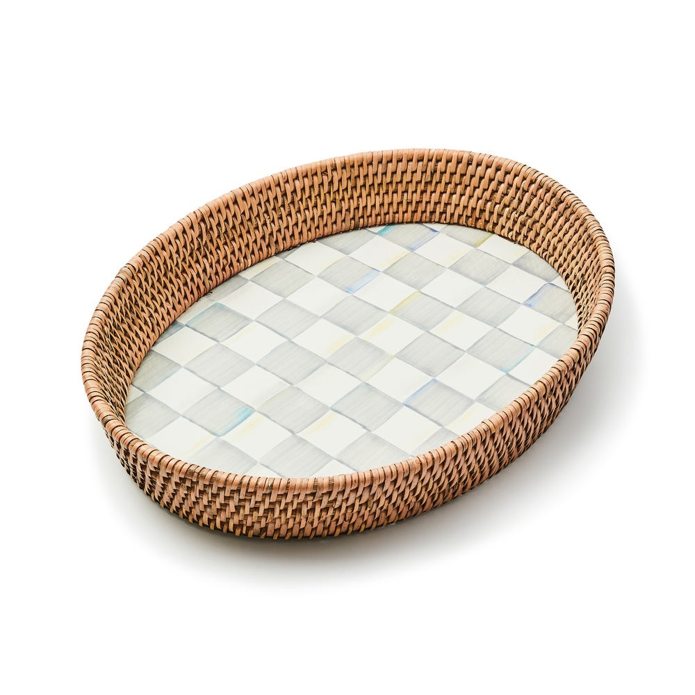 Sterling Check Large Enamel & Rattan Serving Tray | MacKenzie-Childs