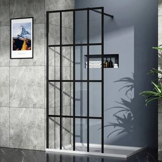 Tileon 34 in. W x 72 in. H Framed Black Grid Single Fixed Panel Corner Walk-in Shower Door Length... | The Home Depot