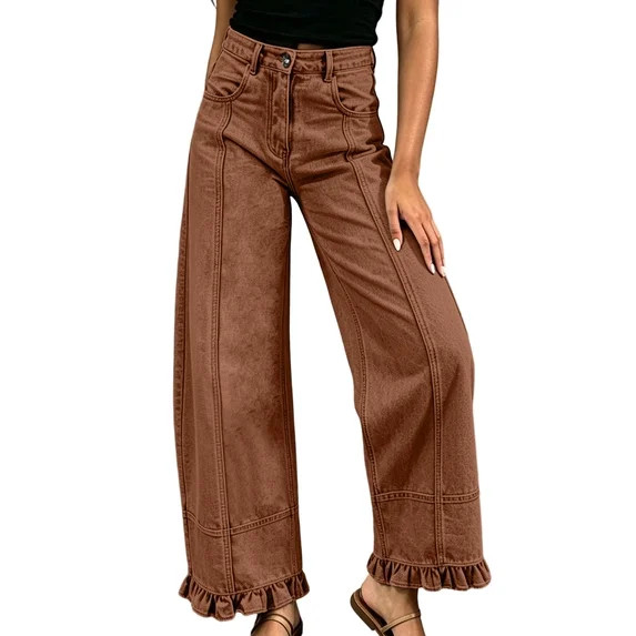 FchengtaiS Barrel Jeans Womens Wide Leg & High Waisted Denim Pants Vintage Casual Loose Ruffle He... | Walmart (US)