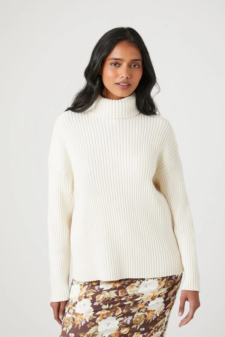 Women's Ribbed Knit Turtleneck Sweater in Cream Medium | Forever 21
