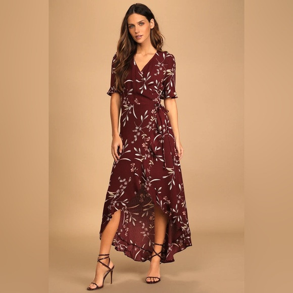 Wild Winds Burgundy Floral Print High-Low Wrap Dress | Poshmark