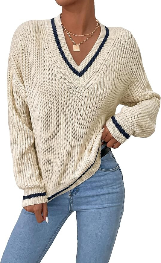 OYOANGLE Women's Ribbed Knit Preppy Sweater Long Sleeve V Neck Drop Shoulder Top | Amazon (US)