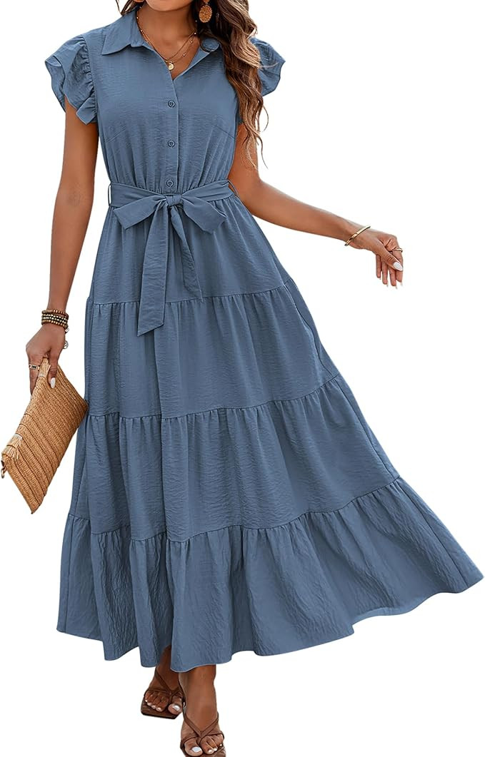 dowerme Women's Summer Casual Dresses 2026 Cap Ruffle Sleeve V Neck Button Belted Tiered Boho Max... | Amazon (US)