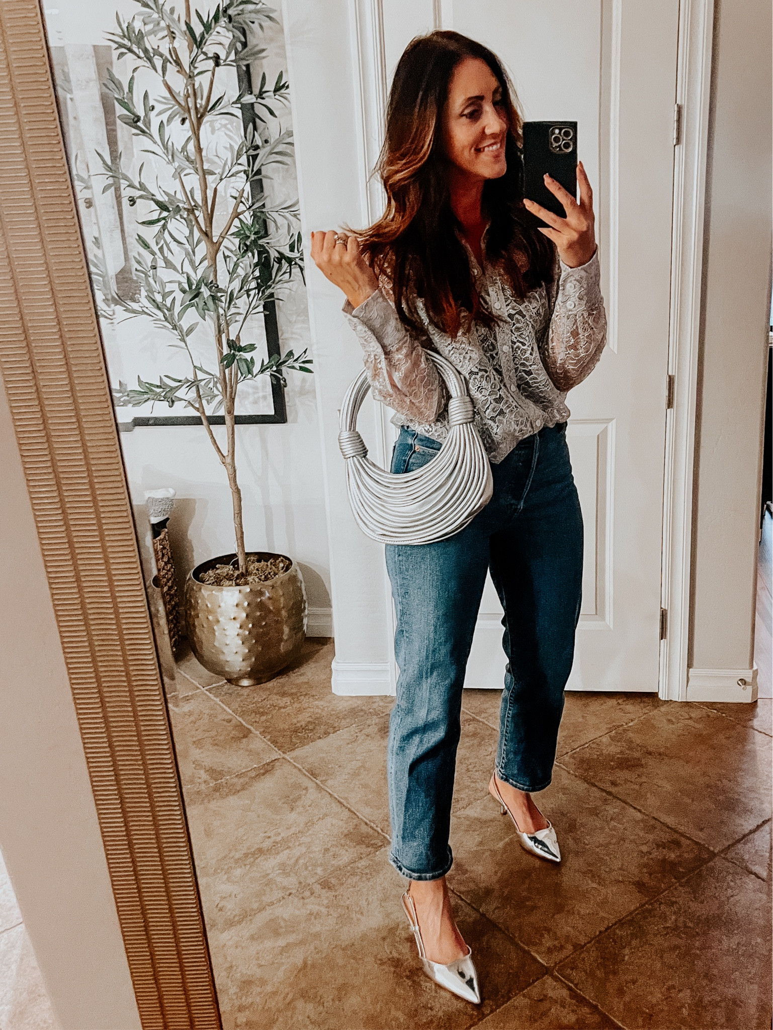 Birthday Dinner outfit! 🩶🪩⛓️ oversized lace blouse (wearing size small) straight leg, jeans (wearing size 27) silver sling back kitten heels (size 8) silver designer look for less purse and silver, chunky hoop earrings

#AmazonFashion #TargetStyle #Anthropologie #DinnerOutfitIdea #DateNightoutfit #GirlsNightOut #DressyCasual 

#LTKsalealert #LTKstyletip #LTKfindsunder50