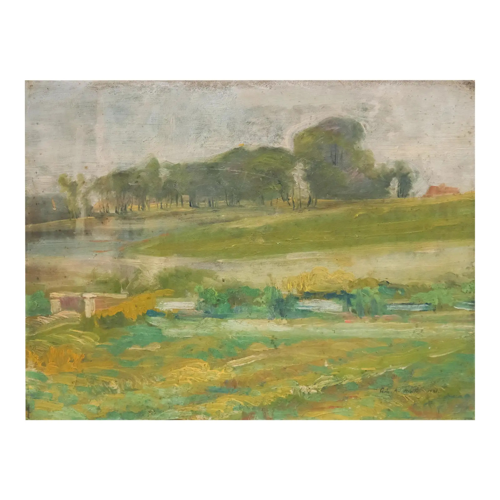 Antique Early 20th Century American Oil Painting on Board Impressionist Verdant Summer Landscape ... | Chairish
