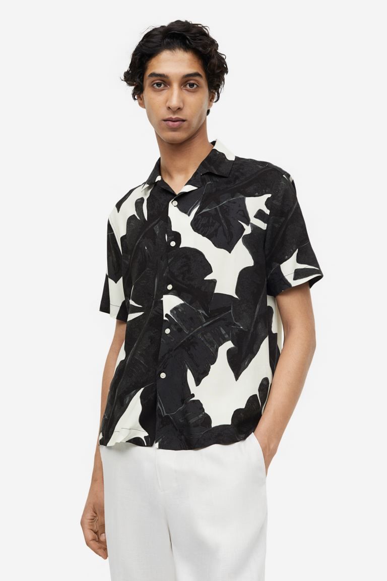 Patterned Resort Shirt - Black/leaf-patterned - Men | H&M US | H&M (US + CA)