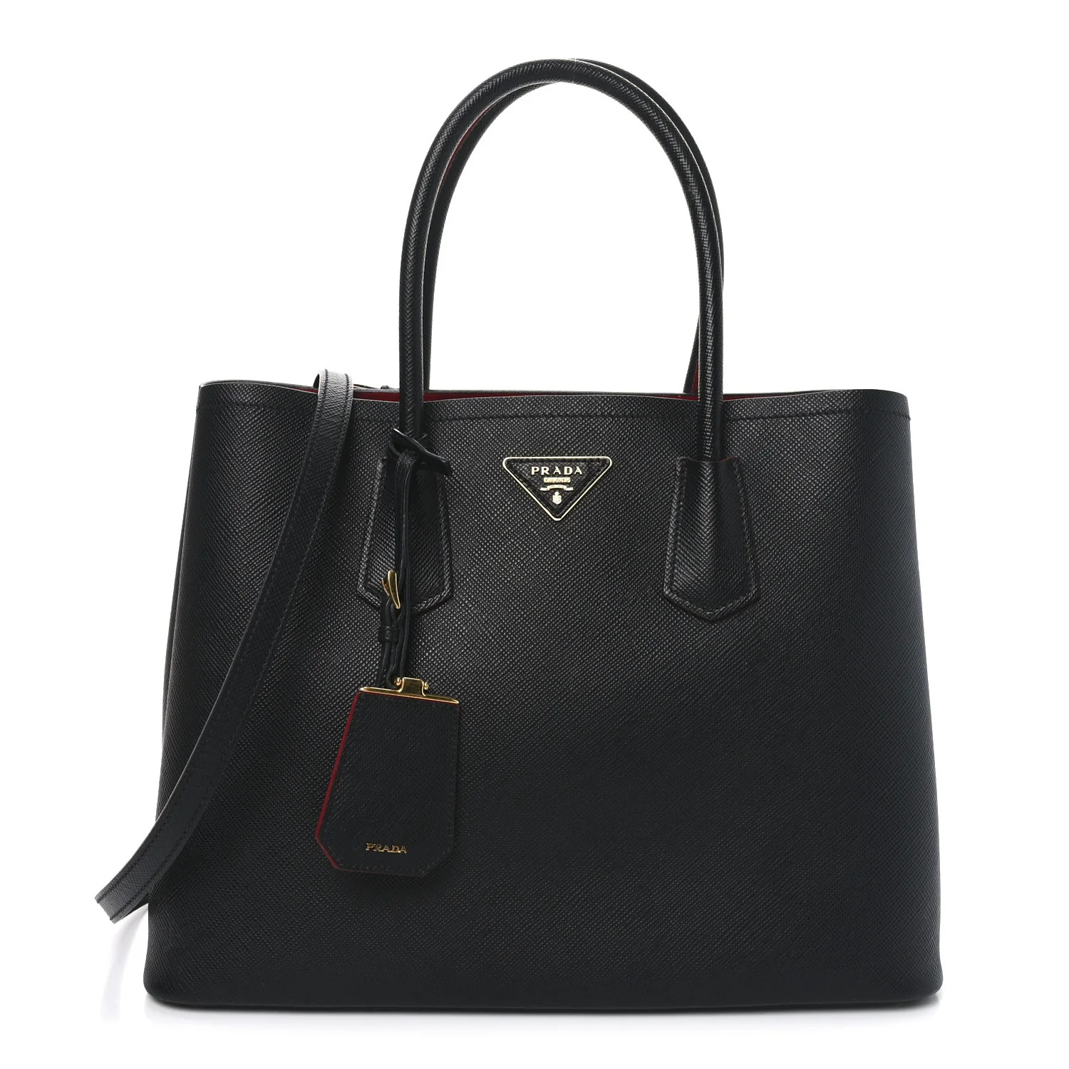 Prada Saffiano Cuir Large Double Bag Black Fuoco | FASHIONPHILE (US)