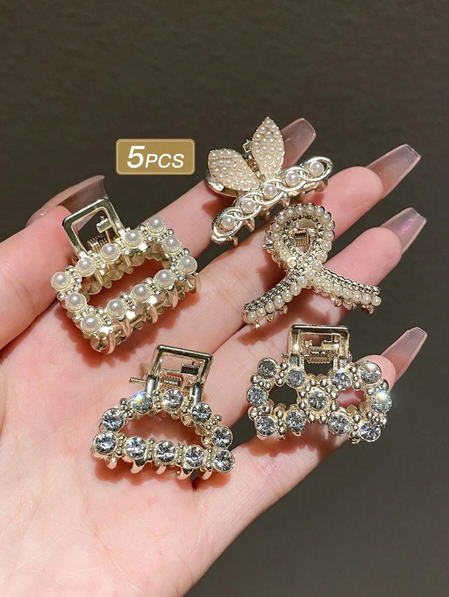 Elegant 5pcs/Set Faux Pearl & Rhinestone Decor Half-Ponytail Claw Clip For Women | SHEIN