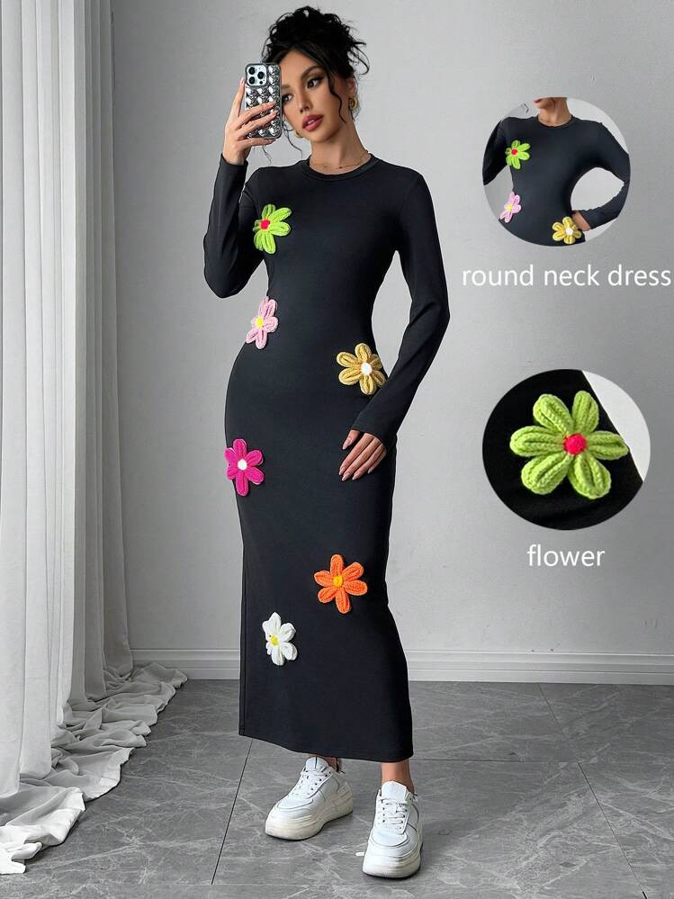 Chiquease New 3D Flower Decor Black Crew Neck Long Sleeve Dress For Women Fall Cloth For Women | SHEIN