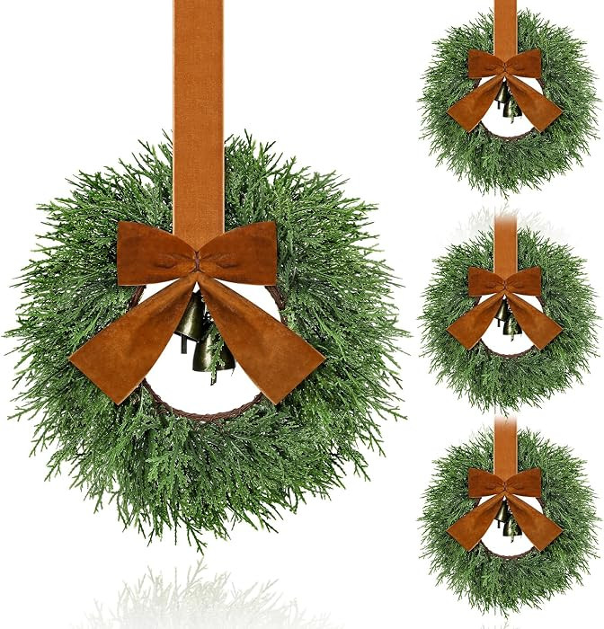4 Pcs Small Christmas Wreaths for Cabinet Light Brown Bell Ribbon | Amazon (US)
