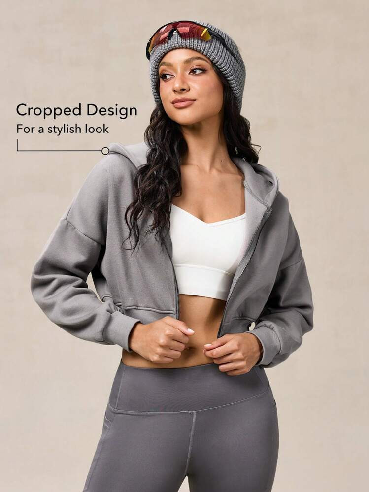OutZeal Women Fleece Cropped Drop Shoulder Zipper Hooded Sports Jacket Daily Casual | SHEIN