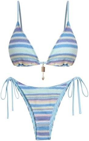 ZAFUL Crochet Bikini Sets for Women Cheeky Boho Bathing Suits Striped Brazilian High Cut Thong Bi... | Amazon (US)