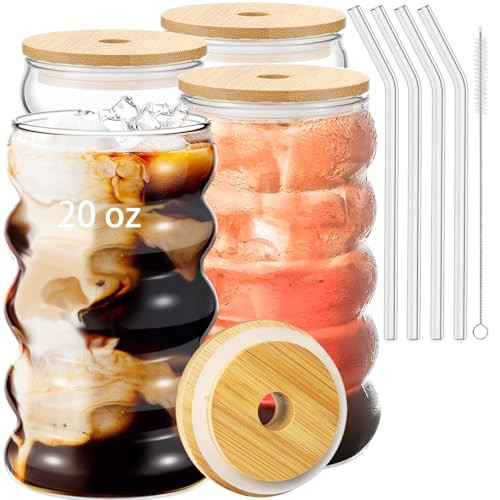 4 Pcs 20oz Drinking Glasses Set with Bamboo Lids and Straws, Cute Iced Coffee Glass Cups, Iced Coffee Tumblers, Thick Drinking Jars for Smoothie, Boba Milk Tea, Ideal for Gift, with Straw Brush | Amazon (US)