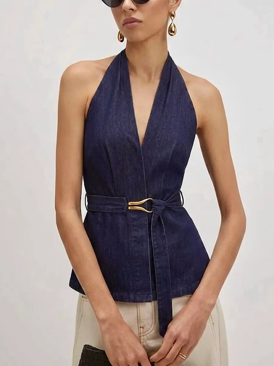 Halter Neck Belted Denim Blouse | Commense