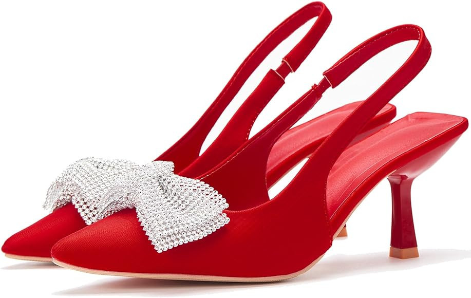 stylewe Heels for Women Slingback Kitten Heels Low Heel Closed Pointed Toe with Sparkly Bow for W... | Amazon (US)