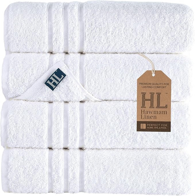 Hawmam Linen White Bath Towels 4 Pack 27 x 54 Inches 100% Turkish Cotton Soft Lightweight and Hig... | Amazon (US)