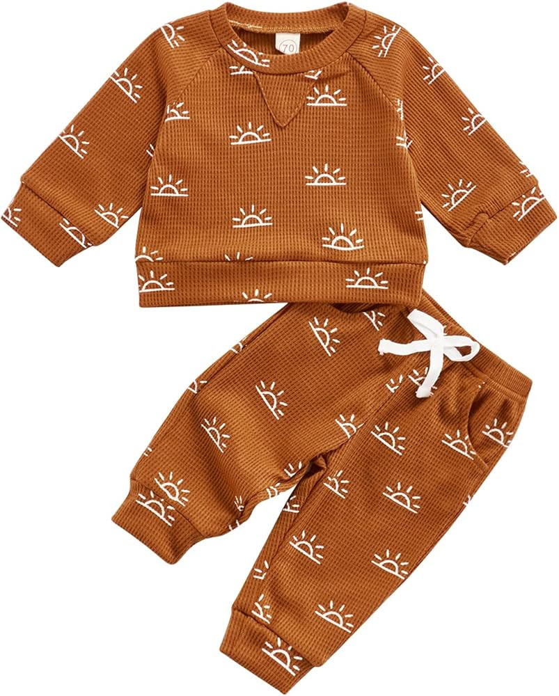 Infant Baby Girls Boys Waffle Outfits Long Sleeve Sun Pullover Crewneck Sweatshirt Tops + Drawstring | Amazon (US)
