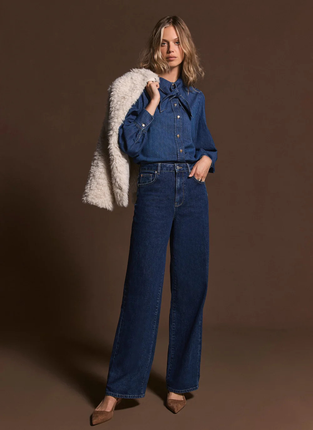 Indigo Tie Neck Denim Shirt | Mint Velvet