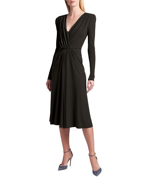 Draped Long-Sleeve Jersey Faux-Wrap Dress | Neiman Marcus