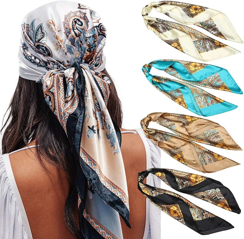 AWAYTR 35” Satin Large Square Head Scarves - 4PCS Silk Like Neck Scarf Hair Sleeping Wraps Ligh... | Amazon (US)