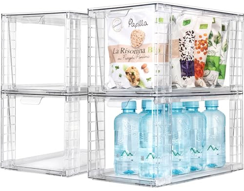 4Pack Large Stackable Kitchen Storage Drawers, Clear Foods Organizer Bins with Handles, Easily Assemble for Bathroom, Kitchen, Pantry, Cabinet, Closet(XL-UP Handle) | Amazon (US)