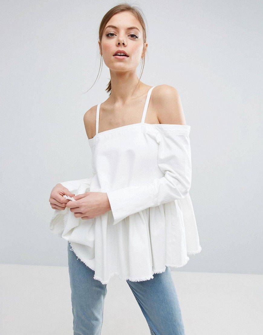 ASOS Denim Cold Shoulder Top With Pleated Peplum and Cuff Detail - White | ASOS UK
