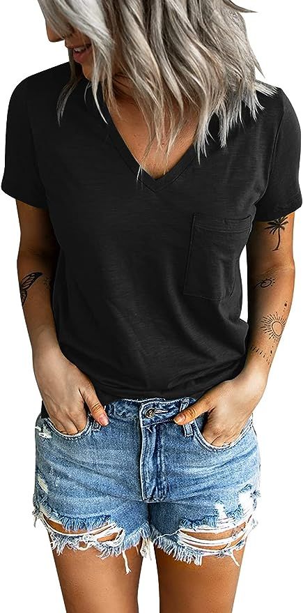 Sunborui Women's Summer Short Sleeve V Neck T Shirts Pocket Solid Loose Casual Tee Tops | Amazon (US)